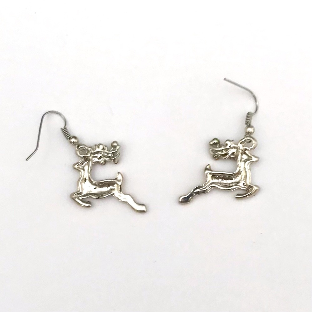 Silver Tone Christmas Reindeer Dangle Pierced Earrings - Picture 2 of 3